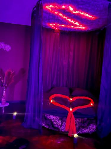 a bedroom with a bed with a red lighted canopy at Suite mit Whirlpool, Sauna, Pole Dance und mehr in Essen