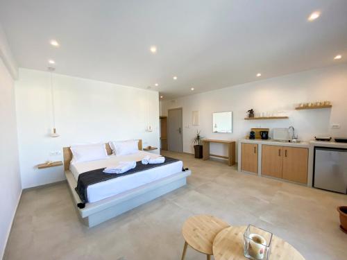 a large room with a bed and a kitchen at Nohēme Luxury Suites in Vourvoulos