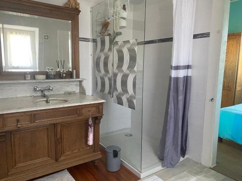 une salle de bain avec un lavabo et une douche dans l'établissement Chez Gigi, à Huchenneville