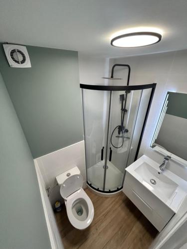 une salle de bain avec une douche, des toilettes et un lavabo dans l'établissement Appartement moderne, au Cap d'Agde