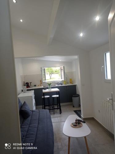 un salon avec un lit et une table et une cuisine dans l'établissement Chez Nour, à Dammarie-les-Lys