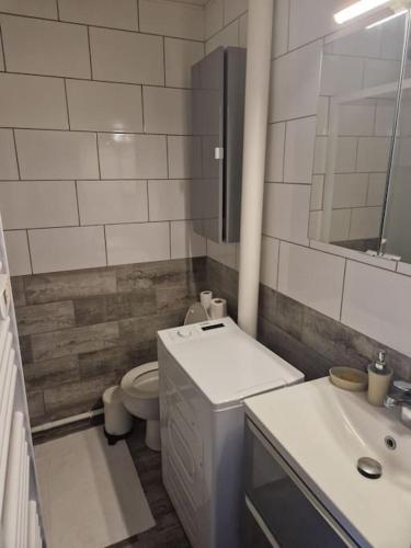 une salle de bain blanche avec des toilettes et un lavabo dans l'établissement Appartement Centre-Port Cap d Agde, au Cap d'Agde