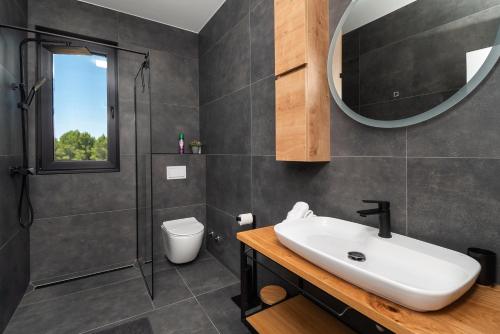 a bathroom with a sink and a toilet and a mirror at Holiday house MAYA in Srima