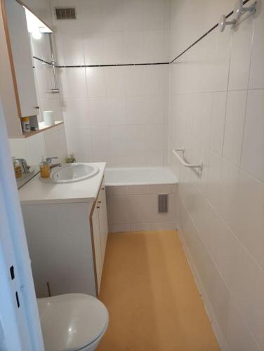 une salle de bain blanche avec des toilettes et un lavabo dans l'établissement Appartement avec joli point de vue, à Eaux-Bonnes