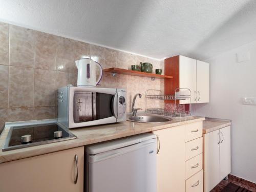 a kitchen with a microwave and a sink at Apartments Marina in Sveti Stefan
