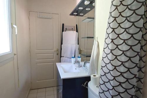 une salle de bain avec un lavabo et un miroir dans l'établissement Disneyland 4 personnes Wifi Box Proche Gare Bus, à Esbly