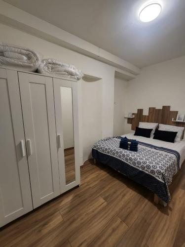 - une chambre avec un lit et une armoire avec un miroir dans l'établissement Sublime appartement a Montmartre, à Paris