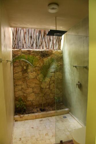 a bathroom with a shower with a stone wall at Hacienda Susulá in Susulá