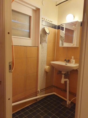 a bathroom with a sink and a shower at Motel E4 Kolmården Apartments And Cottages in Kolmården