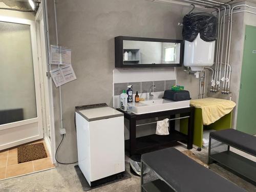 une petite cuisine avec un évier et un réfrigérateur dans l'établissement Proche du Mont Ventoux au calme, à Saint-Trinit