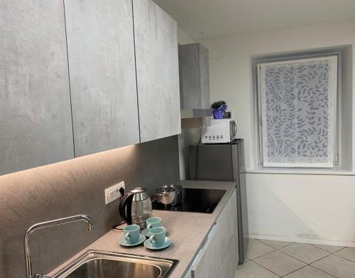 a kitchen with a sink and blue mugs on the counter at Appartamento Al Vicolo in Levico Terme
