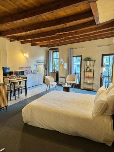 une grande chambre avec un grand lit et une cuisine dans l'établissement Cocon au coeur de la vieille ville, à Annecy