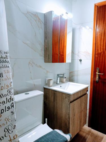 a bathroom with a sink and a toilet and a mirror at Sunny Day Studios in Skala Marion