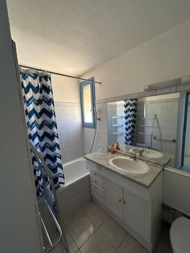 une salle de bain avec un lavabo et une baignoire dans l'établissement L'Albatros, à Gruissan