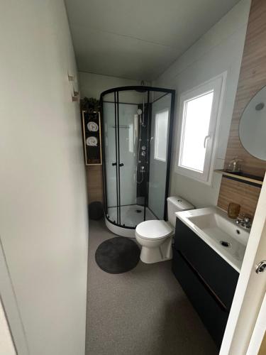 a bathroom with a shower and a toilet and a sink at Villa Kiara in Vodice