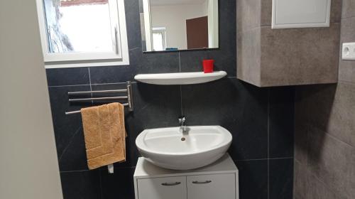 a bathroom with a white sink and a mirror at Gästezimmer Sommer Locktow in Locktow