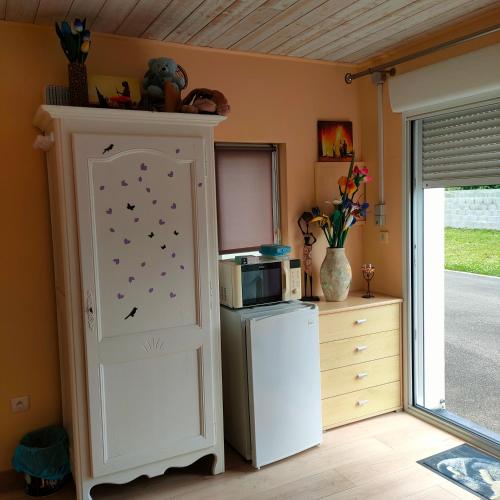 a kitchen with a refrigerator and a microwave at Les papillons roses in Chasnais