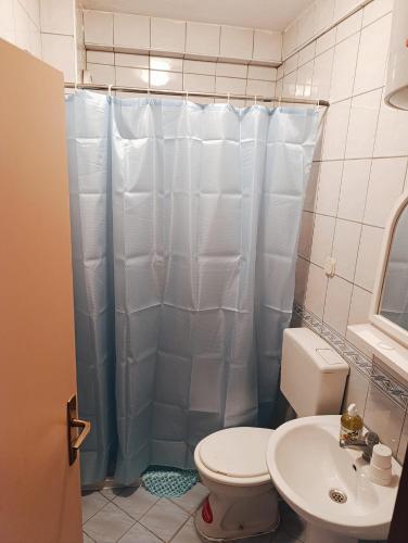ein Badezimmer mit Dusche, Toilette und Waschbecken in der Unterkunft Rooftop rooms Ohrid in Ohrid
