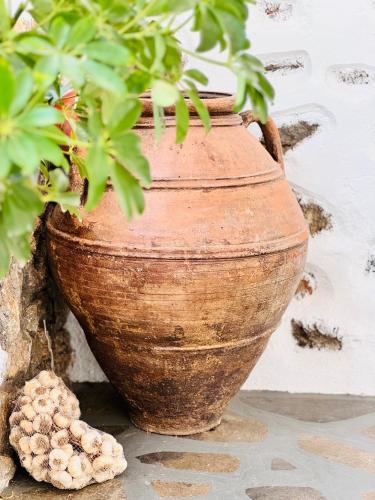 a large clay pot with a plant in it at Gerani Deluxe Houses in Astypalaia Town