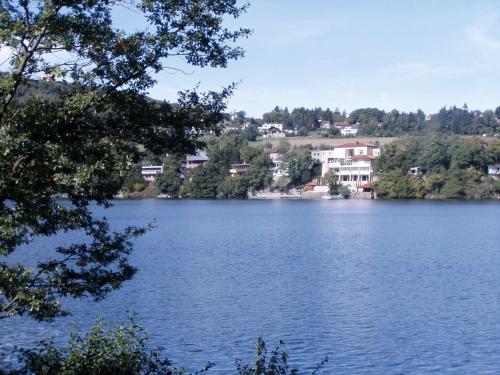 a view of a lake with houses and trees at Gästehaus Burg Molbach in Kreuzau