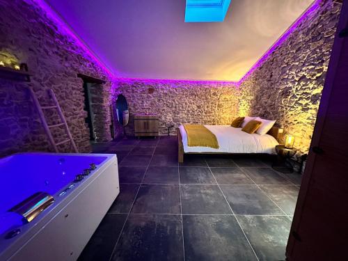 a bedroom with a bed and a purple lighting at Loft Romantique la Clef des Sens - Sauna et Balnéo privatifs in Tourves