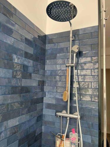 La salle de bains est pourvue de carrelage bleu et d'une douche. dans l'établissement Louvre apartment, à Paris