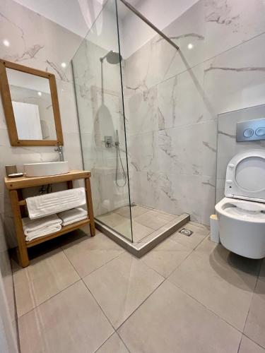 a bathroom with a shower and a toilet at mySIVIRI in Siviri