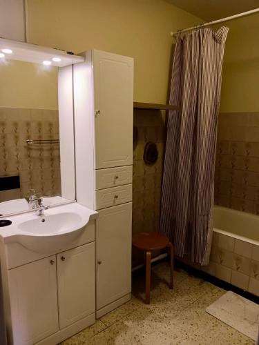 une salle de bain avec un lavabo et un rideau de douche dans l'établissement Grand appartement vue sur mer, au Grau-dʼAgde