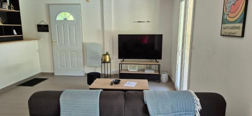 a living room with a couch and a tv at "L'appart Idéal" in Deyme