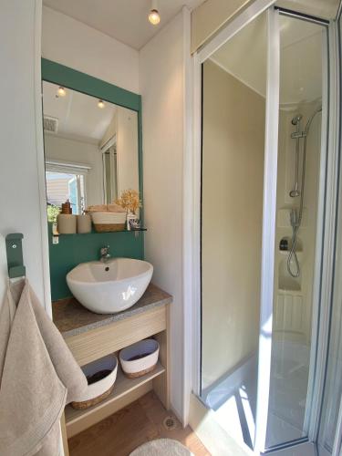 une salle de bain avec un lavabo et une douche en verre dans l'établissement Bungalow Camping Parc Montana, à Gassin