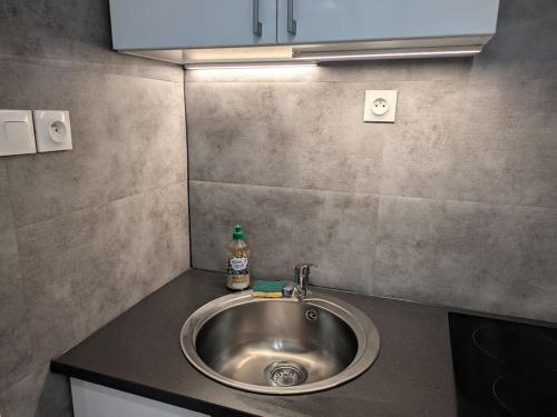 un lavabo de salle de bain avec une bouteille de savon sur un comptoir dans l'établissement Studio de Tokyo, à Montbéliard