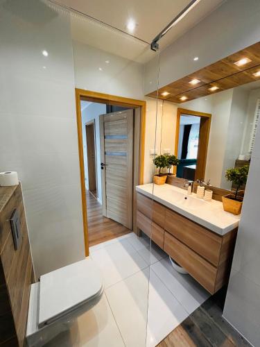 a bathroom with a sink and a toilet and a mirror at APARTAMENT z widokiem na ZAMEK 10 min od KATOWIC in Będzin