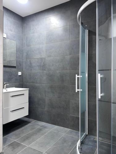 a bathroom with a shower and a sink at Royal Racing Suite Top 4 near Red Bull Ring in Judenburg