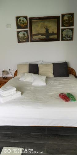 a large white bed with two pillows on it at Echilibru in Colibiţa
