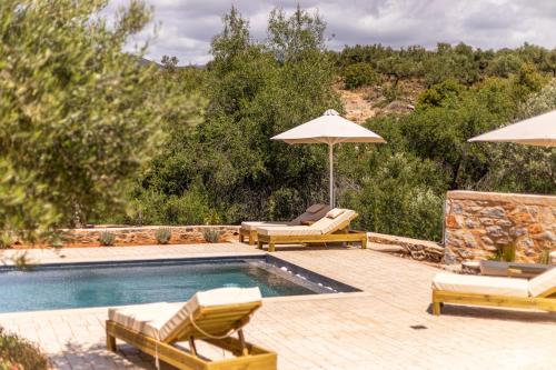 a swimming pool with two chairs and an umbrella at Lakkos Villas in Kardamili