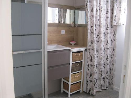 - une cuisine avec un lavabo et un rideau de douche dans l'établissement Gîte avec vue sur Mont Saint Michel, à Lolif