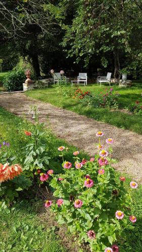 deux bancs dans un parc avec des fleurs dans l'herbe dans l'établissement Le nid de Dany, à Cosne Cours sur Loire