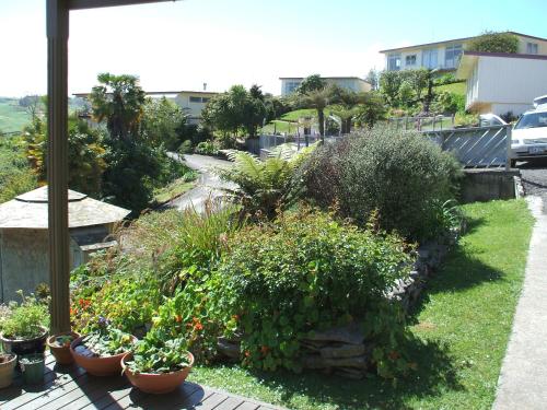 a garden with plants and flowers on a patio at Panorama Motor Inn in Te Kuiti