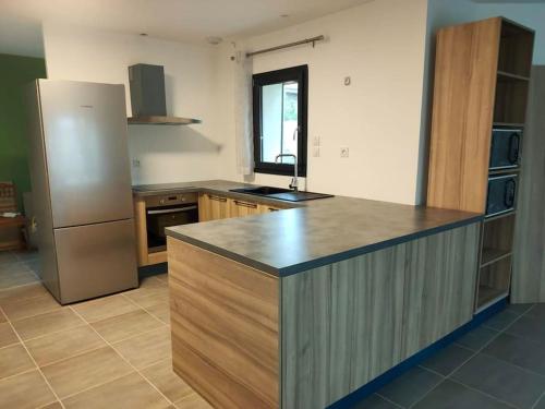 サン・ボネ・ド・ミュールにあるVilla - Saint Bonnet de Mureのキッチン(冷蔵庫、カウンタートップ付)