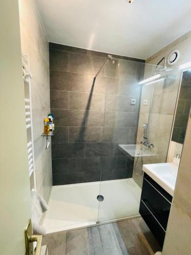 une salle de bain avec douche et lavabo dans l'établissement Beach apartment with tropical garden and mountain view Best location, à Menton