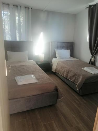 a bedroom with two beds and a lamp on a floor at ΚΤΗΜΑ ΠΑΥΛΟΜΠΕΗ OLIVE & SEA in Almirón