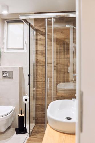 a bathroom with a shower and a sink and a toilet at Gorczańskie Wzgórze in Niedźwiedź