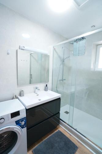 une salle de bain avec un lavabo et une machine à laver dans l'établissement Appartement du Forum,La gare, 50 m2 , Climatisation, Garage, Cour, à Narbonne