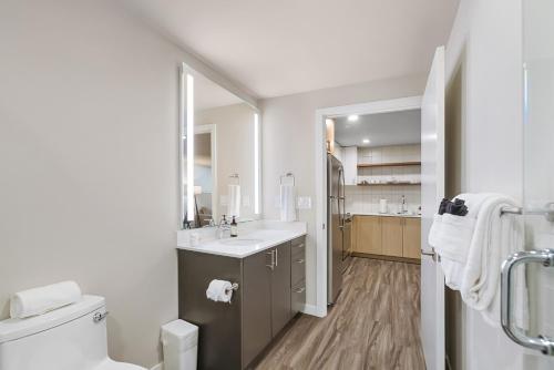 a bathroom with a sink and a toilet and a mirror at Dancing Wings Retreat Walker Paradise in Fremont in Seattle
