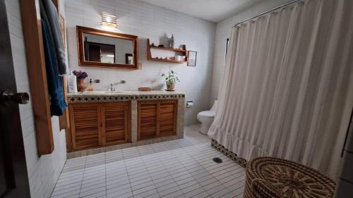 a bathroom with a sink and a toilet and a mirror at Cuarto baño sala San Angel cerca de ITAM UNAM Bazar Sábado in Mexico City