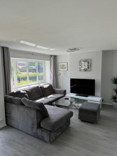 a living room with a couch and a tv at Oxford, 2 Bedroom Private Flat with Parking in Oxford