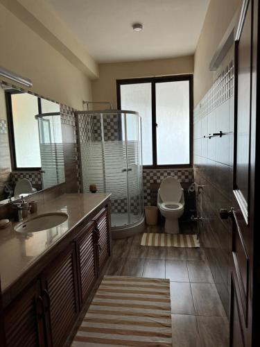 a bathroom with a toilet and a sink and a shower at 3-BR Murree Hills Hideaway with Scenic View in Murree