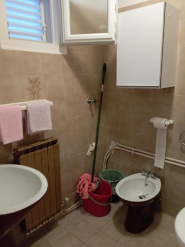 a bathroom with two sinks and a mop at Apartman Kiwi in Umag
