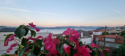 a view of a city with pink flowers at LasvistasdeLola in Combarro