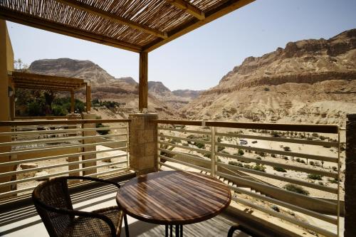 a table and chairs on a balcony with a view at Ein Gedi Kibbutz Hotel in Ein Gedi
